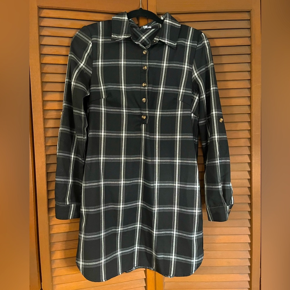 TOBI, Black Plaid Shirt Dress, Size Small.